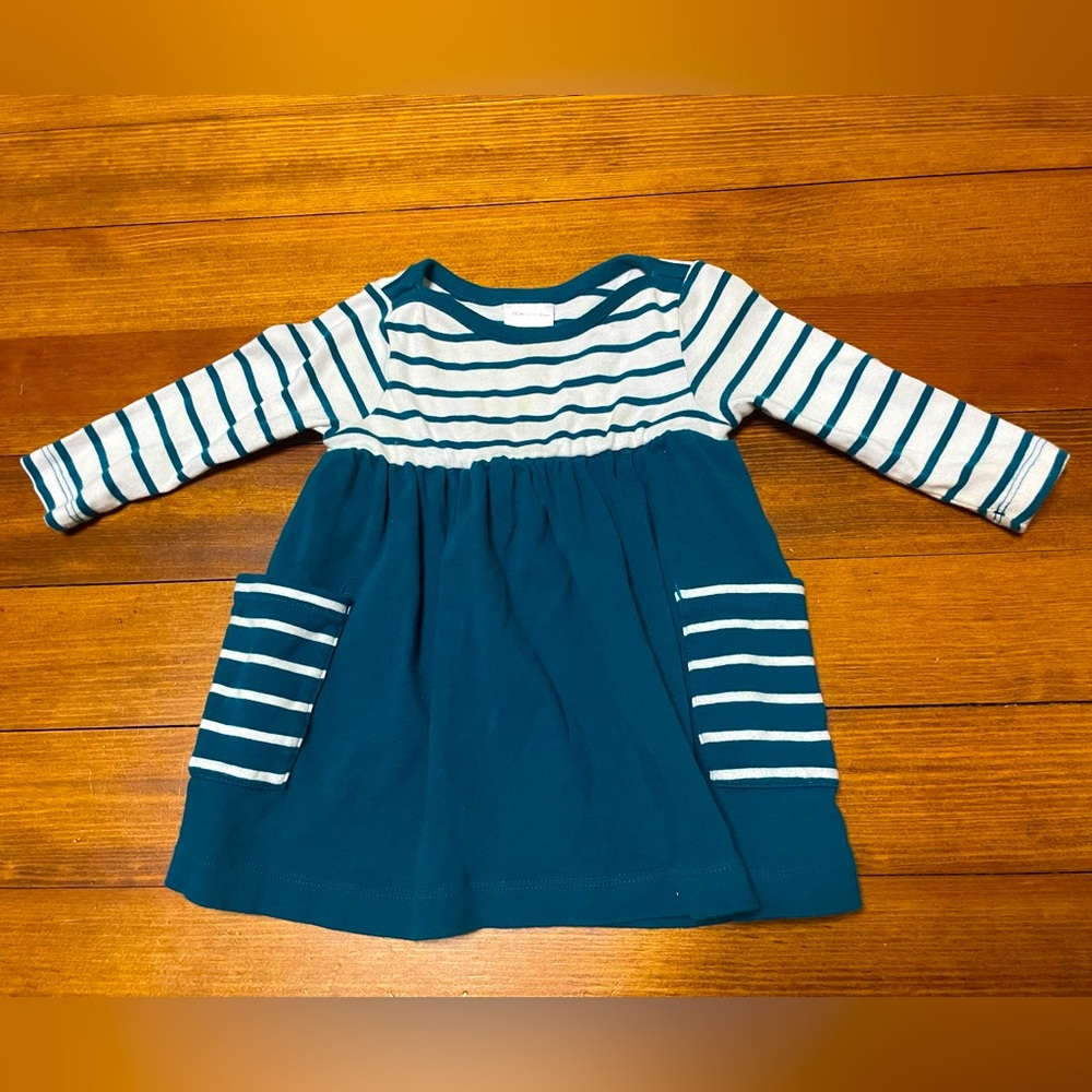 Hanna Andersson White & Teal Striped Cotton Play Twirl Dress Size 75 cm 12-18